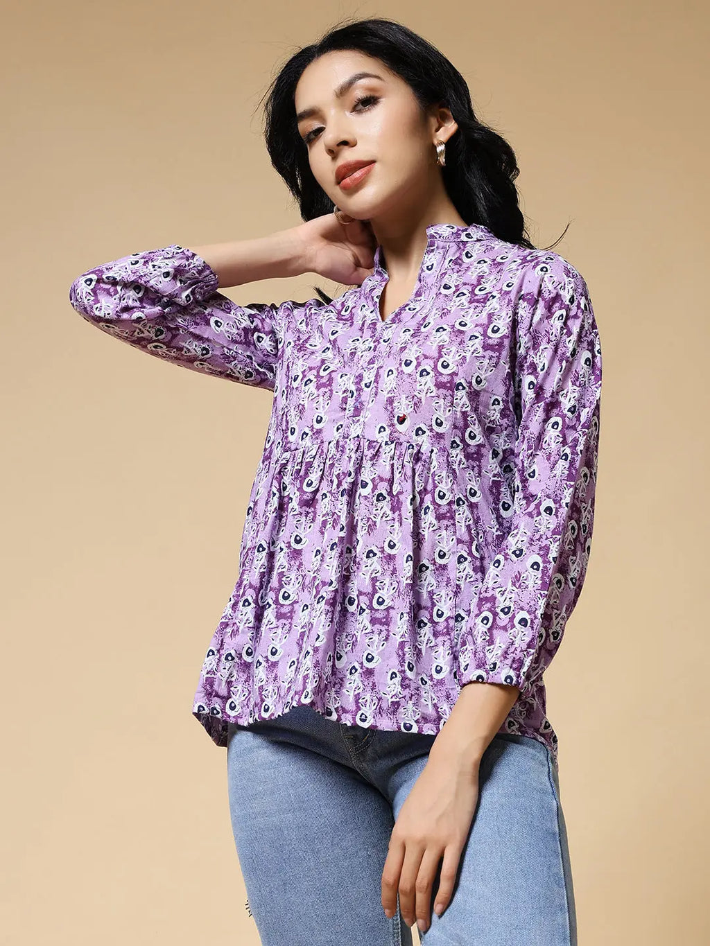 Istyle Can Purple Peacock Motif Jaipuri Cotton Women's Regular Fit Mandarin Collar Full Sleeve Printed Top My Store
