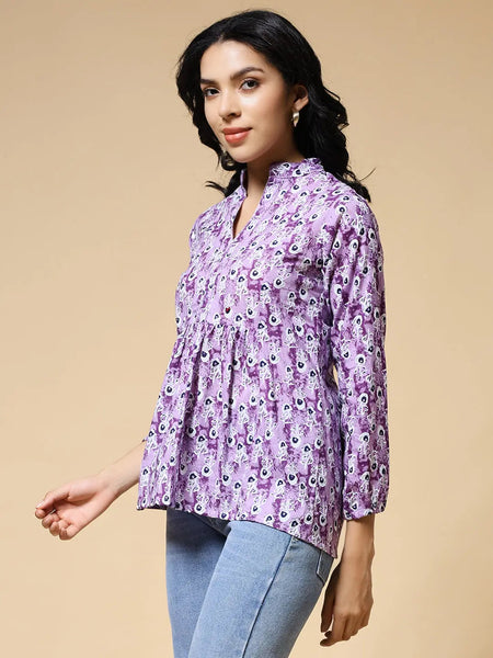 Istyle Can Purple Peacock Motif Jaipuri Cotton Women's Regular Fit Mandarin Collar Full Sleeve Printed Top My Store