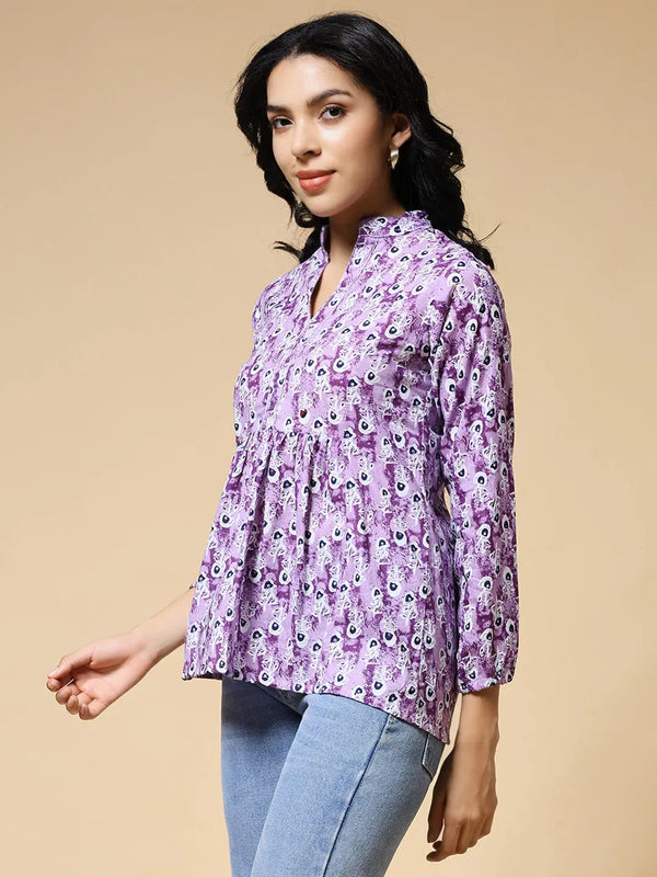 Istyle Can Purple Peacock Motif Jaipuri Cotton Women's Regular Fit Mandarin Collar Full Sleeve Printed Top My Store