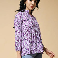 Istyle Can Purple Peacock Motif Jaipuri Cotton Women's Regular Fit Mandarin Collar Full Sleeve Printed Top My Store