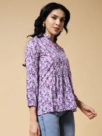 Istyle Can Purple Peacock Motif Jaipuri Cotton Women's Regular Fit Mandarin Collar Full Sleeve Printed Top My Store