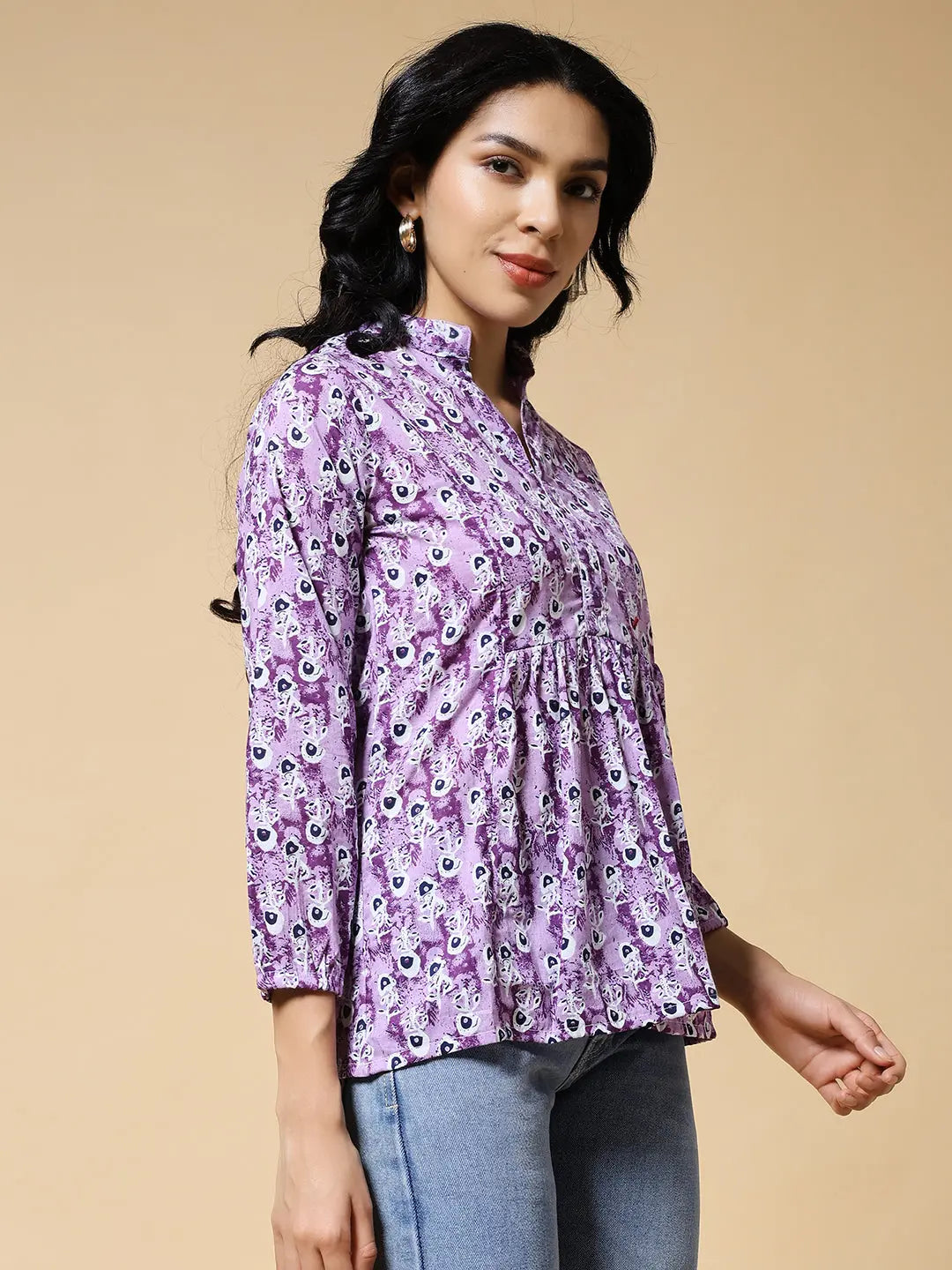 Istyle Can Purple Peacock Motif Jaipuri Cotton Women's Regular Fit Mandarin Collar Full Sleeve Printed Top My Store