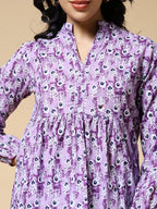Istyle Can Purple Peacock Motif Jaipuri Cotton Women's Regular Fit Mandarin Collar Full Sleeve Printed Top My Store
