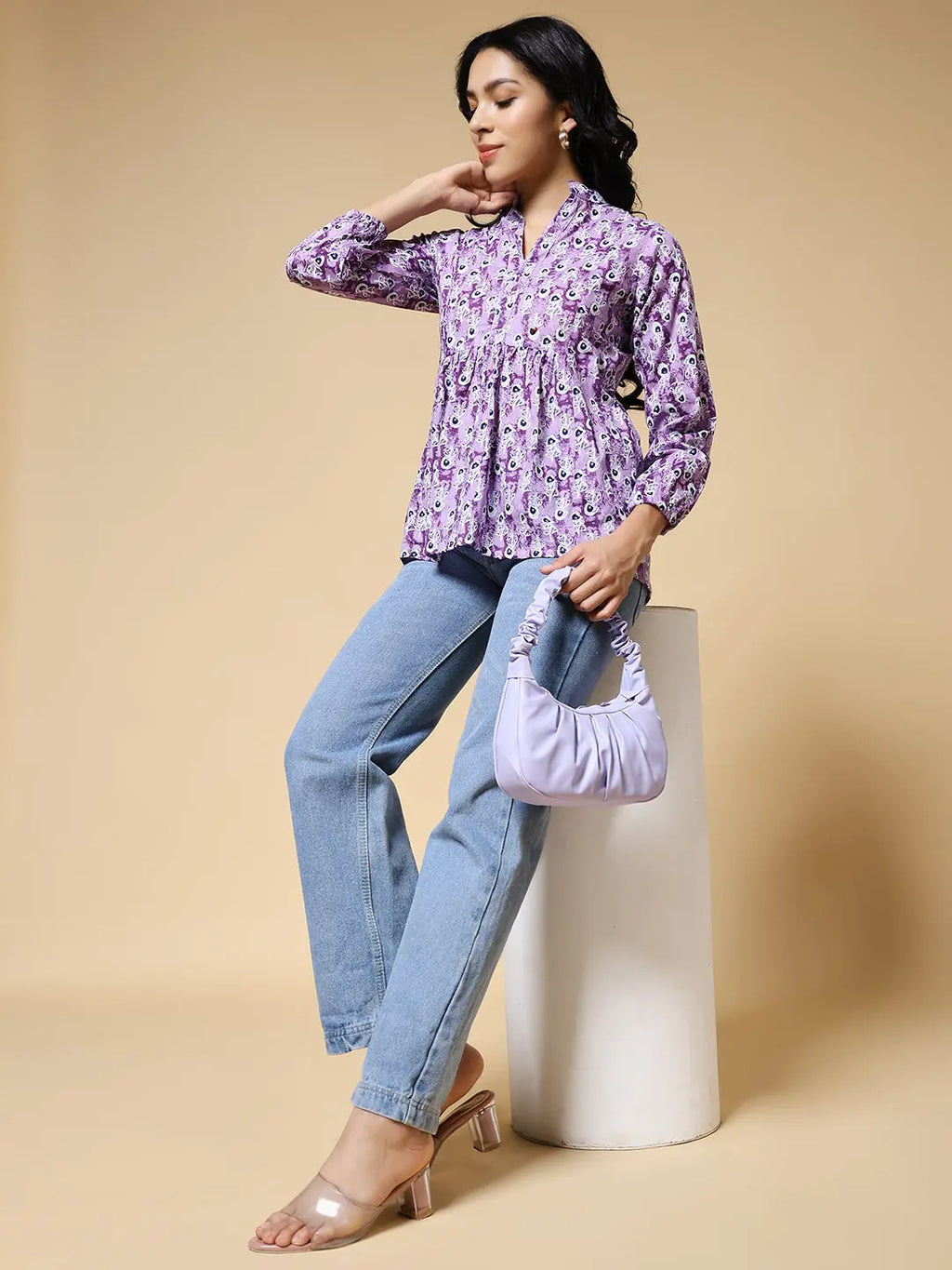 Istyle Can Purple Peacock Motif Jaipuri Cotton Women's Regular Fit Mandarin Collar Full Sleeve Printed Top My Store