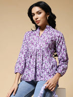 Istyle Can Purple Peacock Motif Jaipuri Cotton Women's Regular Fit Mandarin Collar Full Sleeve Printed Top My Store