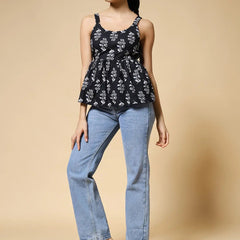 Istyle Can Black Jaipuri Cotton Printed Scoop Neck Strappy Sleeveless Top for Women My Store