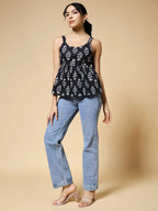 Istyle Can Black Jaipuri Cotton Printed Scoop Neck Strappy Sleeveless Top for Women My Store