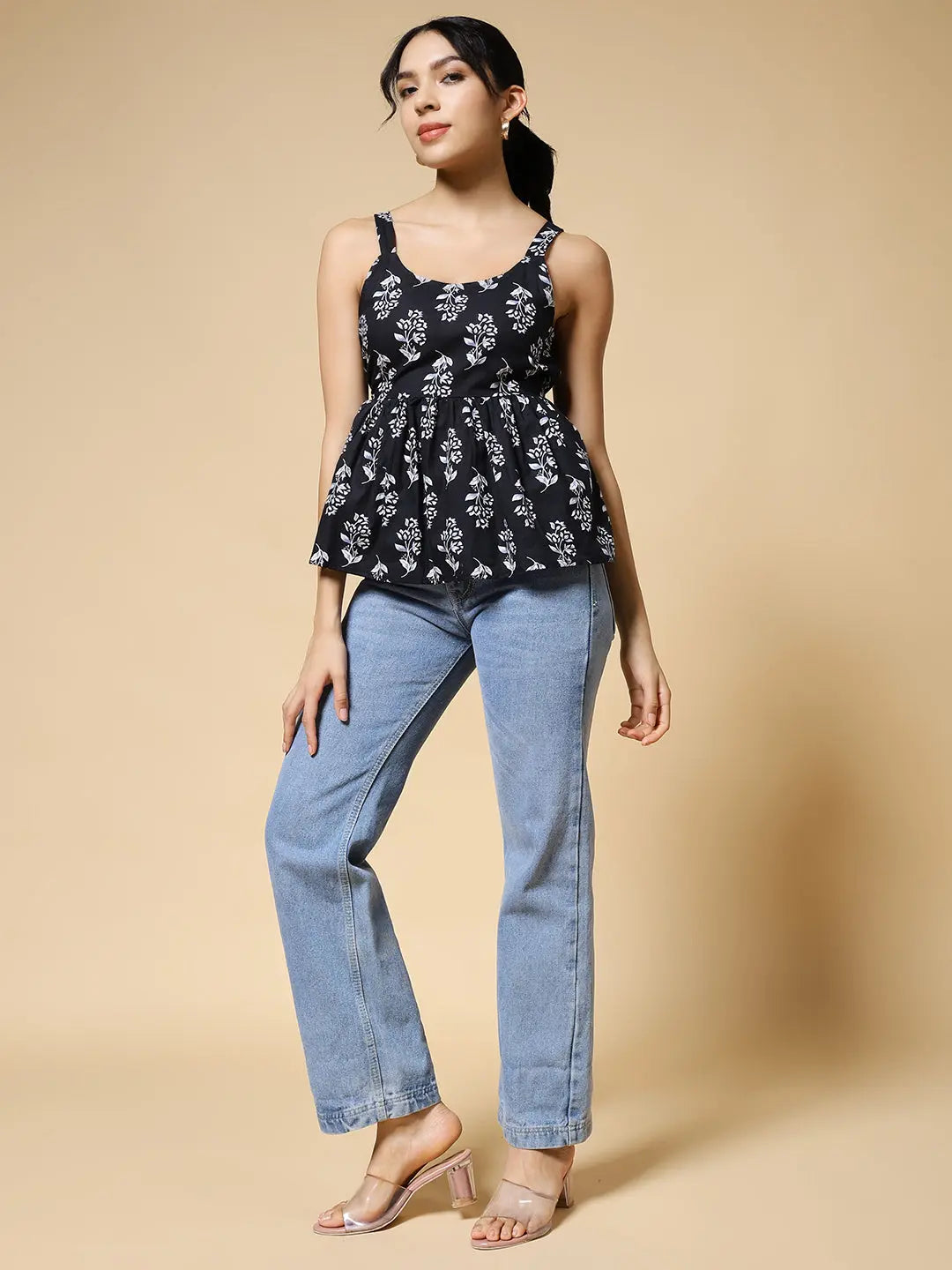 Istyle Can Black Jaipuri Cotton Printed Scoop Neck Strappy Sleeveless Top for Women My Store