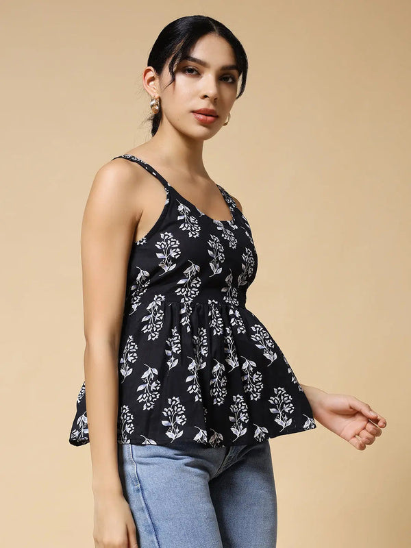 Istyle Can Black Jaipuri Cotton Printed Scoop Neck Strappy Sleeveless Top for Women My Store