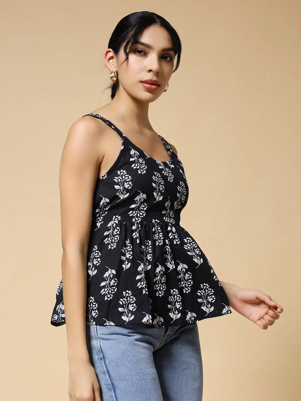 Istyle Can Black Jaipuri Cotton Printed Scoop Neck Strappy Sleeveless Top for Women My Store