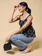 Istyle Can Black Jaipuri Cotton Printed Scoop Neck Strappy Sleeveless Top for Women My Store