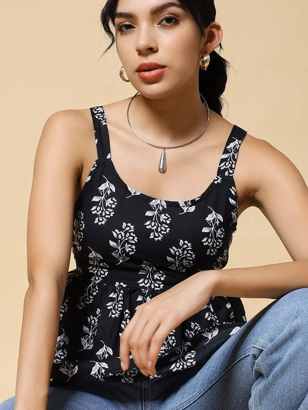 Istyle Can Black Jaipuri Cotton Printed Scoop Neck Strappy Sleeveless Top for Women My Store