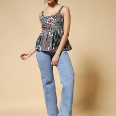 Istyle Can Green Jaipuri Cotton Printed Scoop Neck Strappy Sleeveless Top for Women My Store