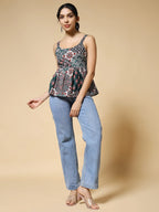 Istyle Can Green Jaipuri Cotton Printed Scoop Neck Strappy Sleeveless Top for Women My Store