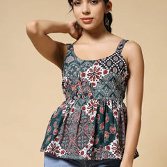 Istyle Can Green Jaipuri Cotton Printed Scoop Neck Strappy Sleeveless Top for Women My Store