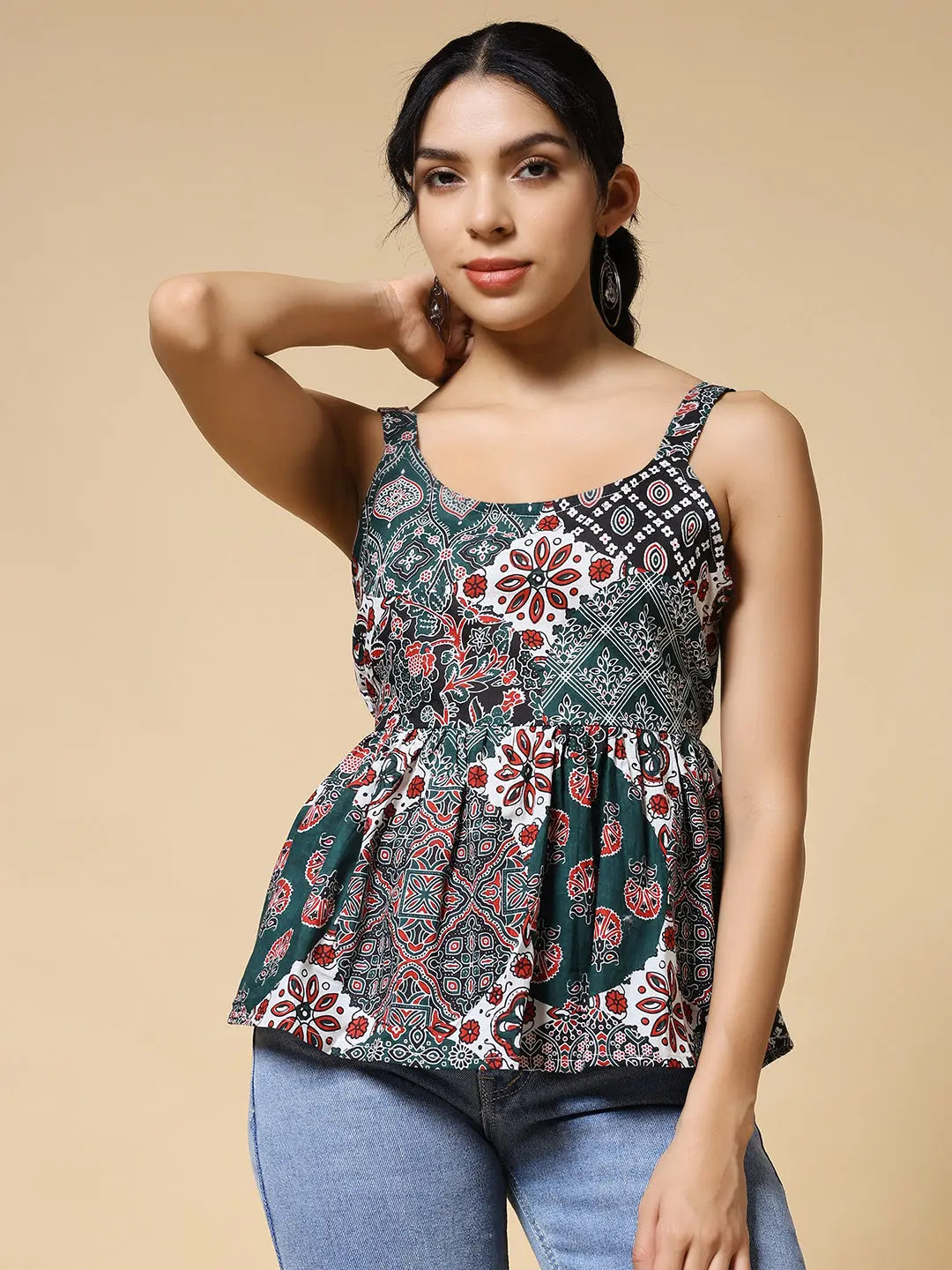 Istyle Can Green Jaipuri Cotton Printed Scoop Neck Strappy Sleeveless Top for Women My Store