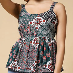 Istyle Can Green Jaipuri Cotton Printed Scoop Neck Strappy Sleeveless Top for Women My Store