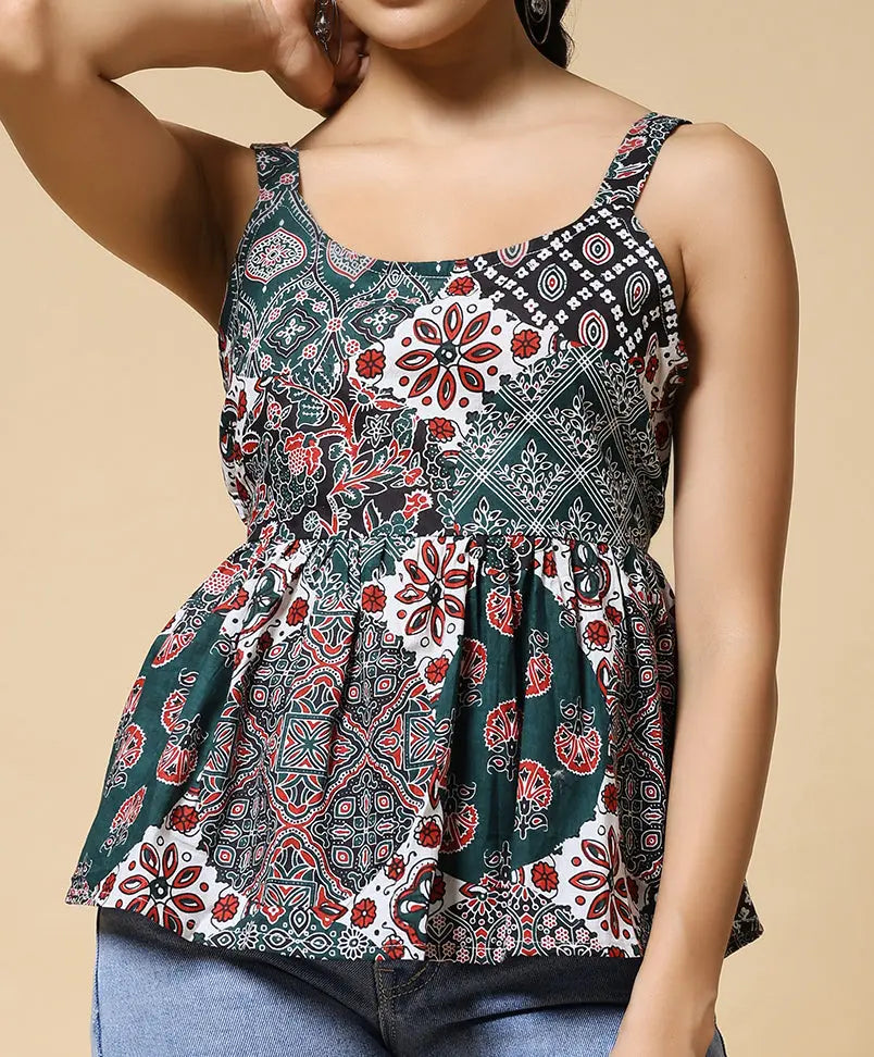 Istyle Can Green Jaipuri Cotton Printed Scoop Neck Strappy Sleeveless Top for Women My Store