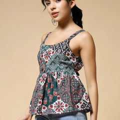 Istyle Can Green Jaipuri Cotton Printed Scoop Neck Strappy Sleeveless Top for Women My Store
