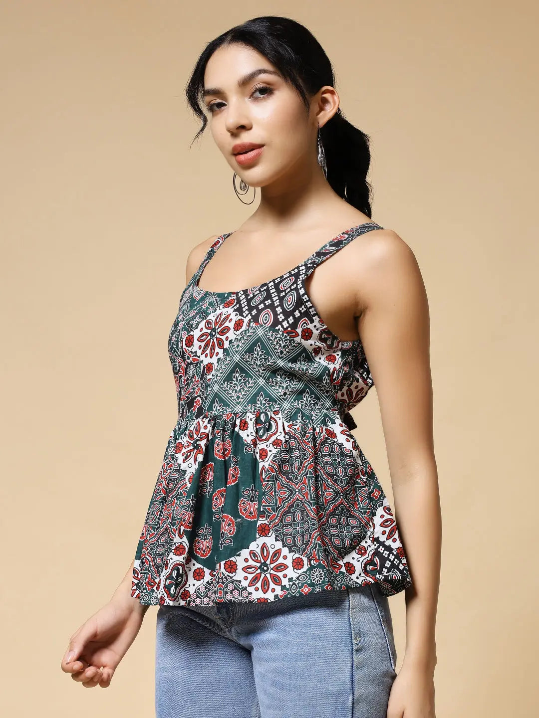 Istyle Can Green Jaipuri Cotton Printed Scoop Neck Strappy Sleeveless Top for Women My Store