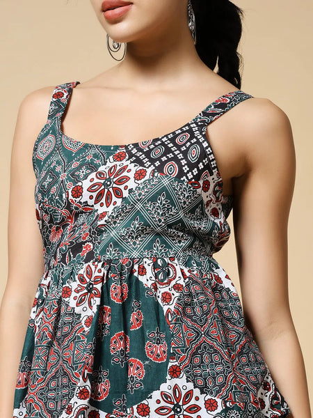 Istyle Can Green Jaipuri Cotton Printed Scoop Neck Strappy Sleeveless Top for Women My Store