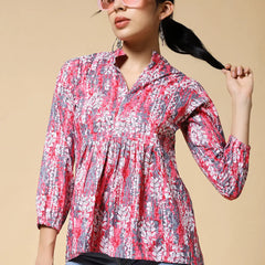 Istyle Can Peach Jaipuri Cotton Women's Regular Fit Mandarin Collar Full Sleeve Printed Top My Store