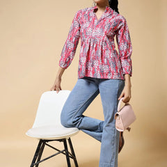 Istyle Can Peach Jaipuri Cotton Women's Regular Fit Mandarin Collar Full Sleeve Printed Top My Store