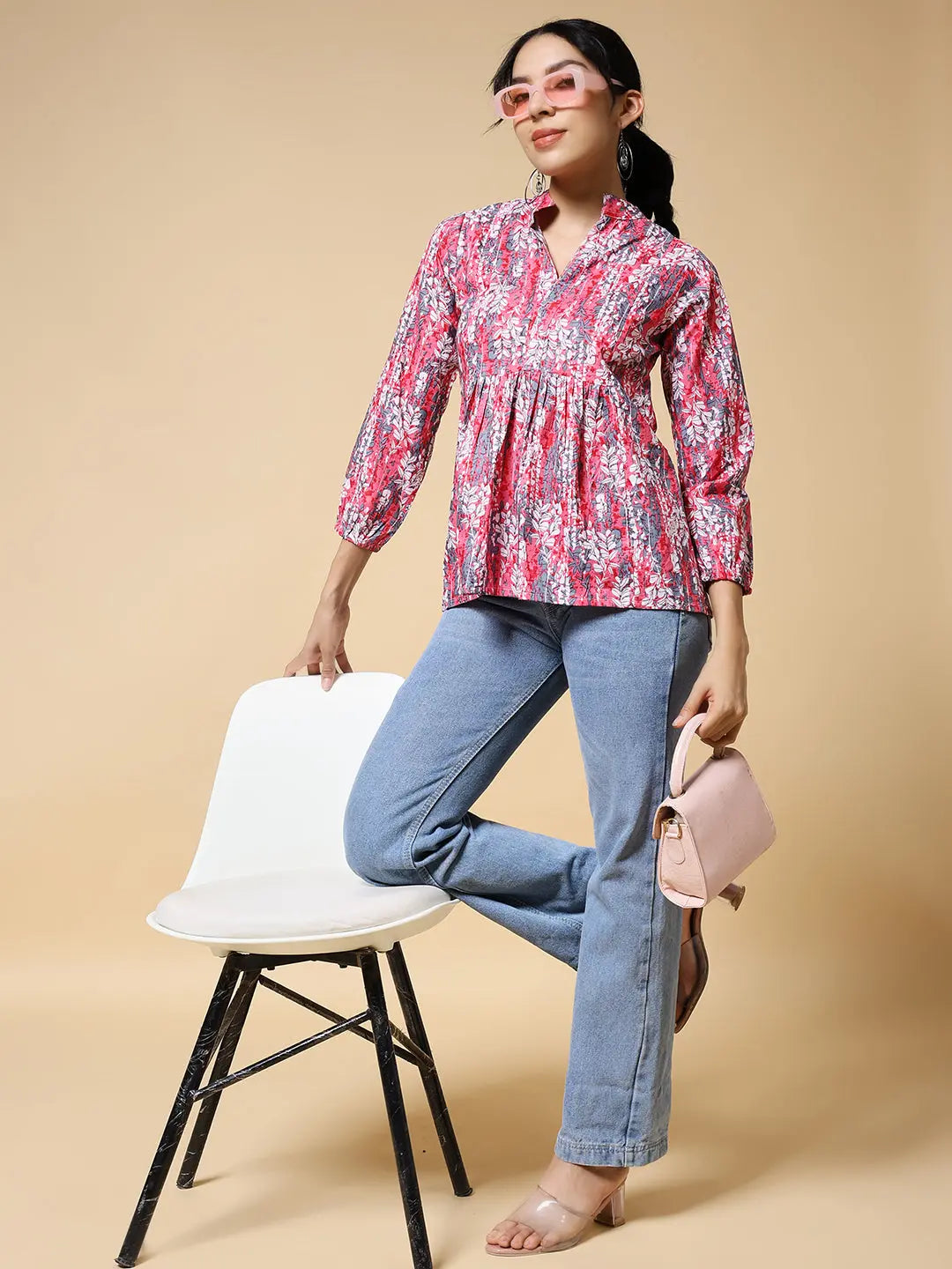 Istyle Can Peach Jaipuri Cotton Women's Regular Fit Mandarin Collar Full Sleeve Printed Top My Store