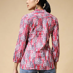 Istyle Can Peach Jaipuri Cotton Women's Regular Fit Mandarin Collar Full Sleeve Printed Top My Store