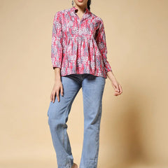 Istyle Can Peach Jaipuri Cotton Women's Regular Fit Mandarin Collar Full Sleeve Printed Top My Store