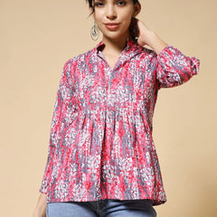 Istyle Can Peach Jaipuri Cotton Women's Regular Fit Mandarin Collar Full Sleeve Printed Top My Store