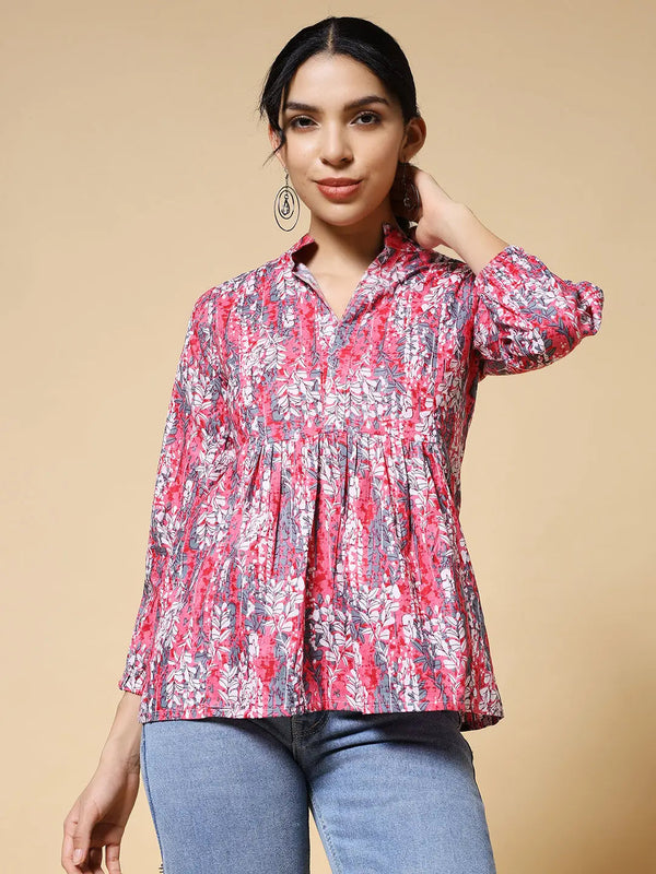 Istyle Can Peach Jaipuri Cotton Women's Regular Fit Mandarin Collar Full Sleeve Printed Top My Store