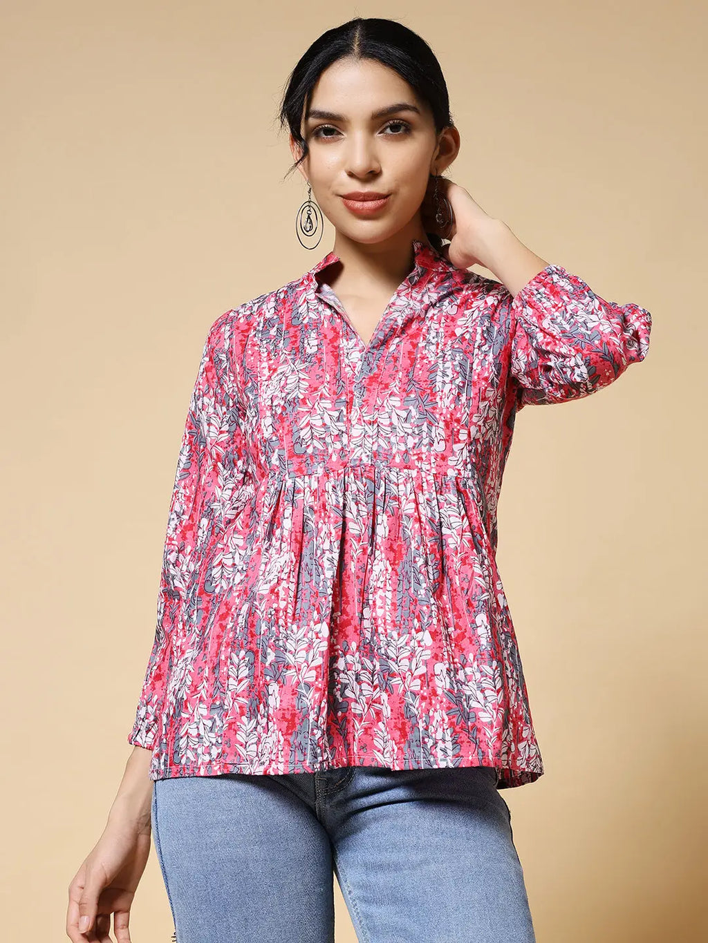 Istyle Can Peach Jaipuri Cotton Women's Regular Fit Mandarin Collar Full Sleeve Printed Top My Store