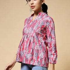 Istyle Can Peach Jaipuri Cotton Women's Regular Fit Mandarin Collar Full Sleeve Printed Top My Store