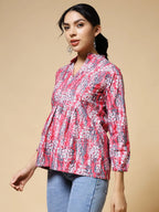 Istyle Can Peach Jaipuri Cotton Women's Regular Fit Mandarin Collar Full Sleeve Printed Top My Store
