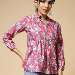 Istyle Can Peach Jaipuri Cotton Women's Regular Fit Mandarin Collar Full Sleeve Printed Top My Store
