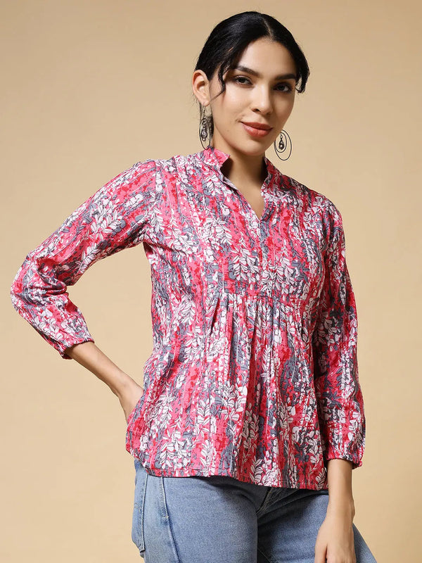 Istyle Can Peach Jaipuri Cotton Women's Regular Fit Mandarin Collar Full Sleeve Printed Top My Store