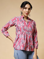 Istyle Can Peach Jaipuri Cotton Women's Regular Fit Mandarin Collar Full Sleeve Printed Top My Store