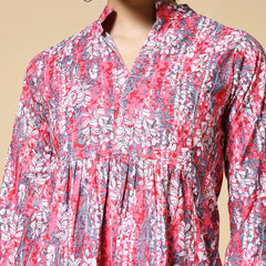 Istyle Can Peach Jaipuri Cotton Women's Regular Fit Mandarin Collar Full Sleeve Printed Top My Store