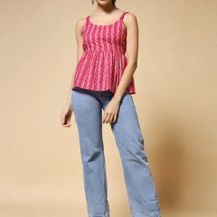 Istyle Can Pink Jaipuri Cotton Printed Scoop Neck Strappy Sleeveless Top for Women My Store