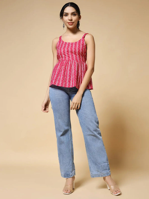 Istyle Can Pink Jaipuri Cotton Printed Scoop Neck Strappy Sleeveless Top for Women My Store