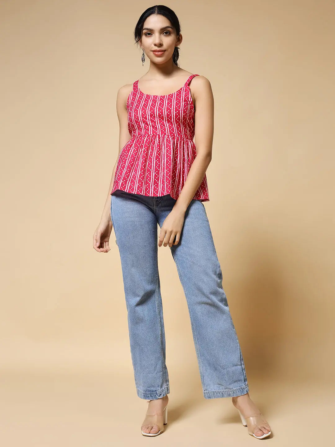 Istyle Can Pink Jaipuri Cotton Printed Scoop Neck Strappy Sleeveless Top for Women My Store