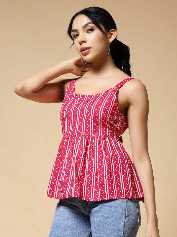 Istyle Can Pink Jaipuri Cotton Printed Scoop Neck Strappy Sleeveless Top for Women My Store