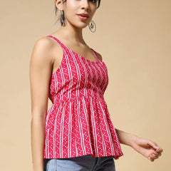 Istyle Can Pink Jaipuri Cotton Printed Scoop Neck Strappy Sleeveless Top for Women My Store