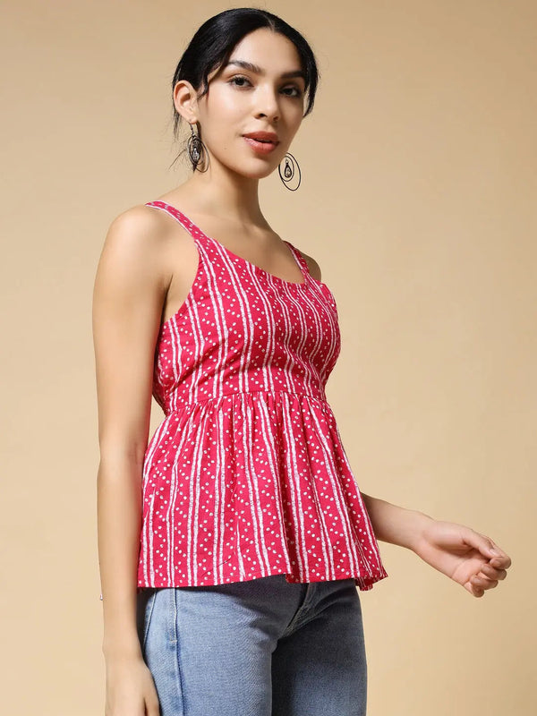 Istyle Can Pink Jaipuri Cotton Printed Scoop Neck Strappy Sleeveless Top for Women My Store