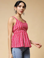 Istyle Can Pink Jaipuri Cotton Printed Scoop Neck Strappy Sleeveless Top for Women My Store