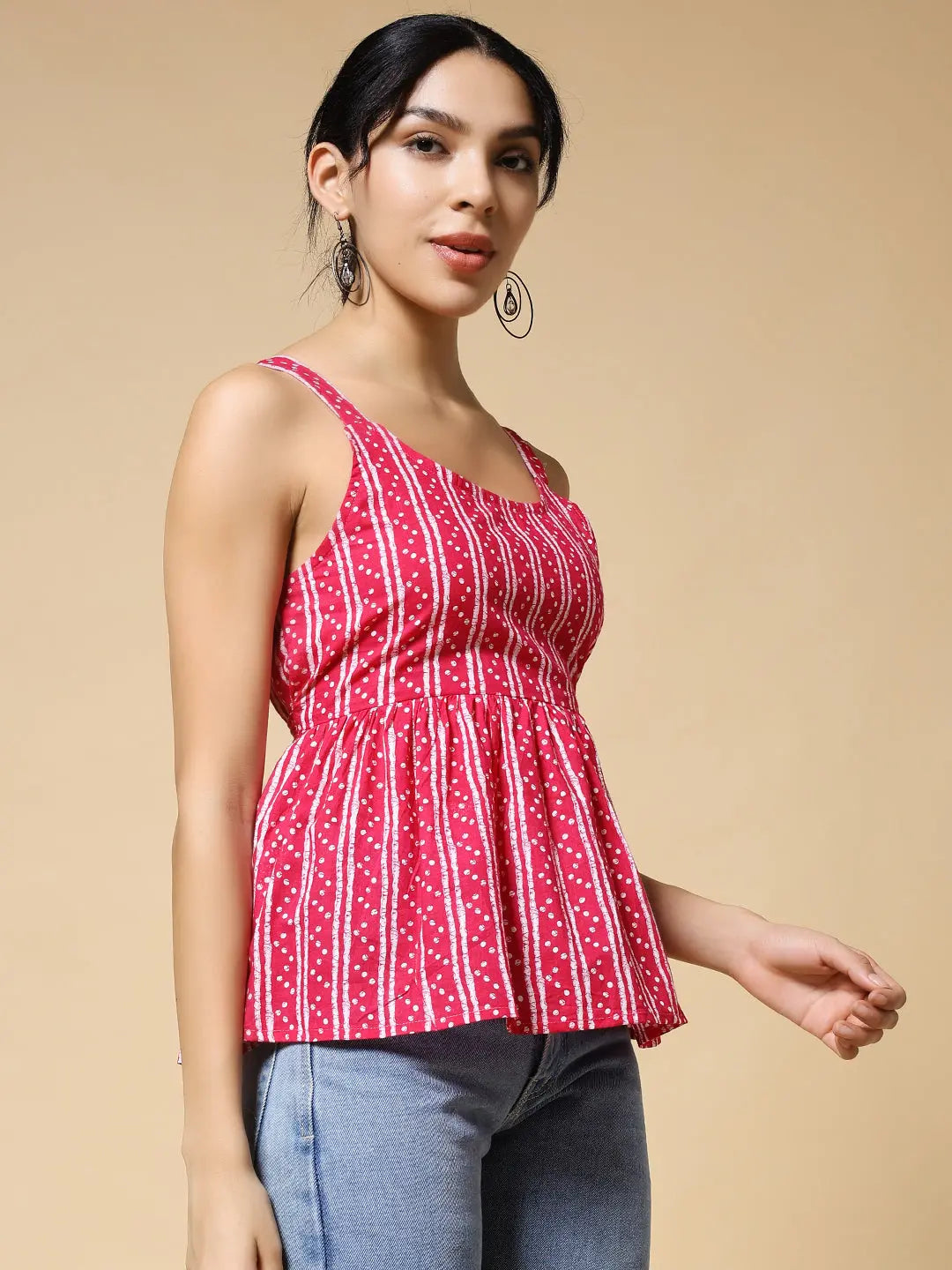 Istyle Can Pink Jaipuri Cotton Printed Scoop Neck Strappy Sleeveless Top for Women My Store