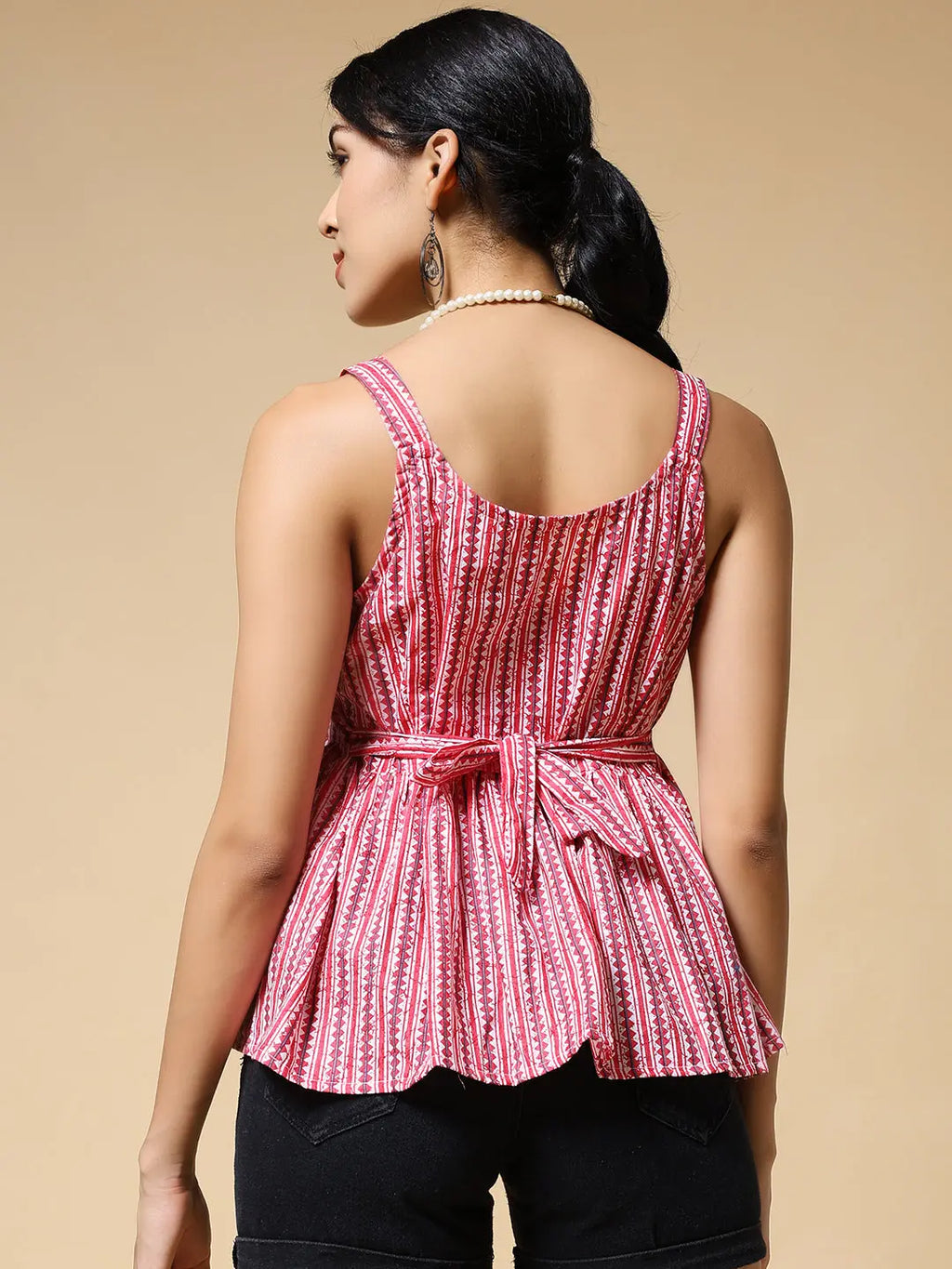 Istyle Can Peach Jaipuri Cotton Printed Scoop Neck Strappy Sleeveless Top for Women My Store