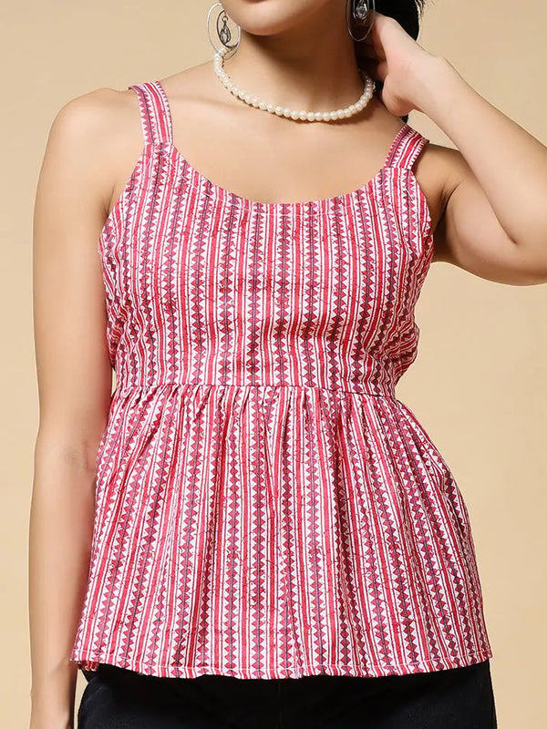 Istyle Can Peach Jaipuri Cotton Printed Scoop Neck Strappy Sleeveless Top for Women My Store