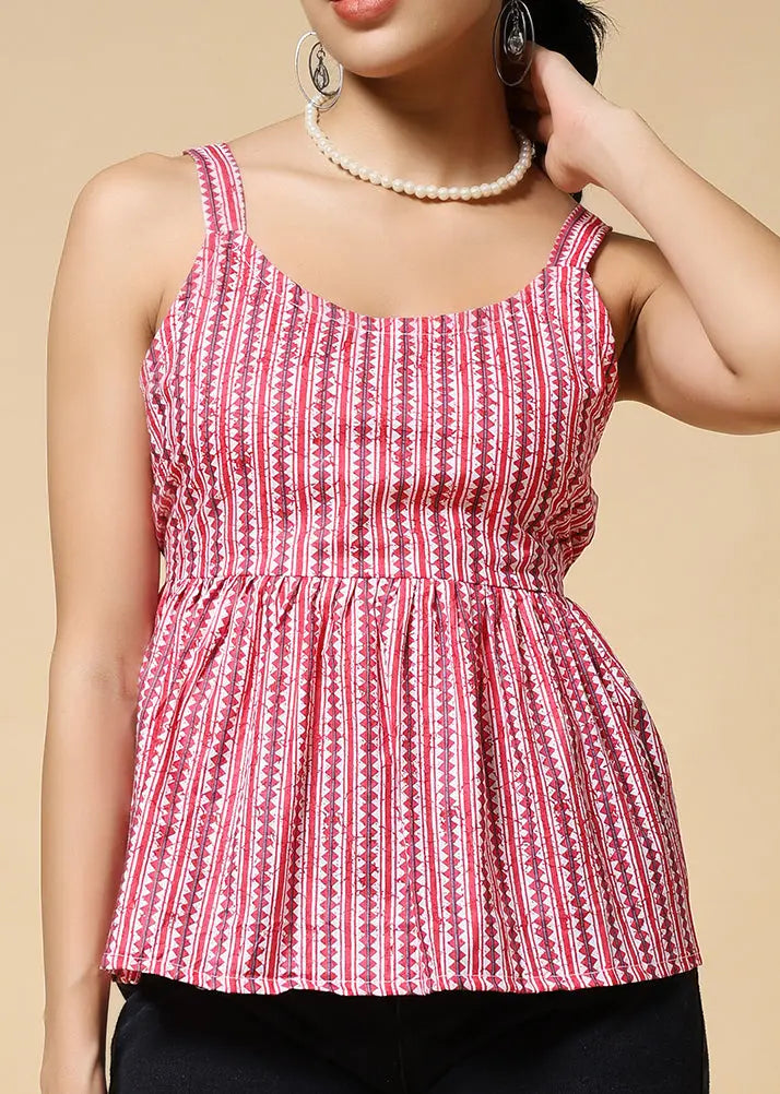 Istyle Can Peach Jaipuri Cotton Printed Scoop Neck Strappy Sleeveless Top for Women My Store